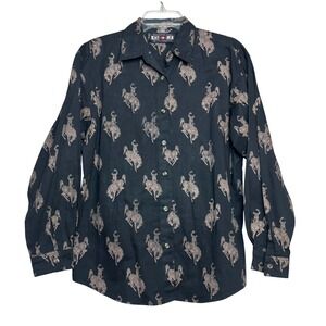 y2k Horse Western Button Shirt‎ Womens Large L Black Bronco Rider Rodeo Cowboy